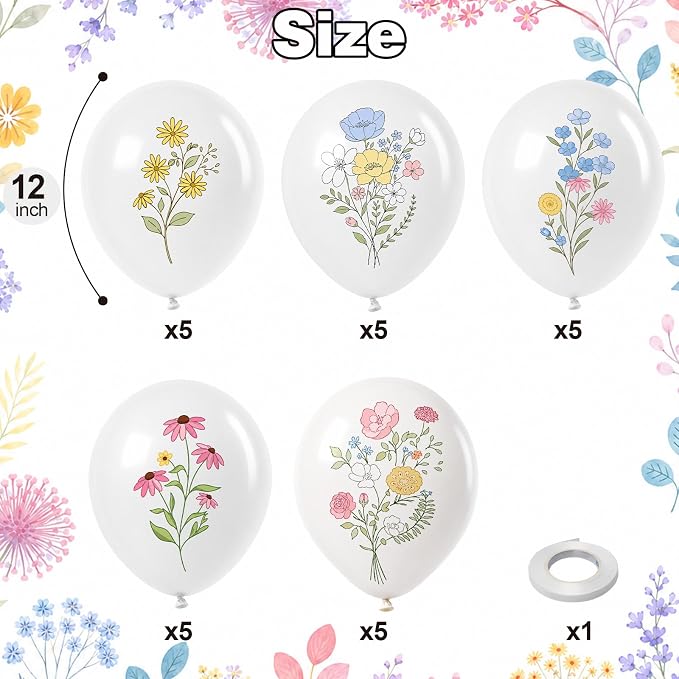 Wildflower Balloons, 12 Inch White Spring Balloon, Girls Birthday Party Tea - Image 2