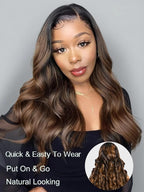 Julia Hair Bye Bye Knots Glueless Wig Highlight Balayage Brown Body Wave 7x5 Pre Cut HD Lace Front Wigs Human Hair Pre Plucked Bleached Knots Pre Everything Ready To Go Ombre Wig 16 Inch