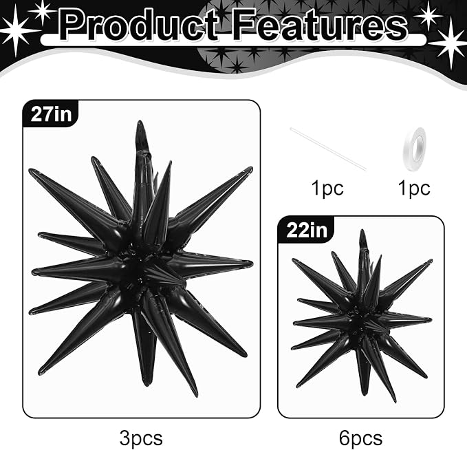 9Pcs Black Star Balloons, Large Explosion Star Foil Balloons, Metallic Black - Image 2