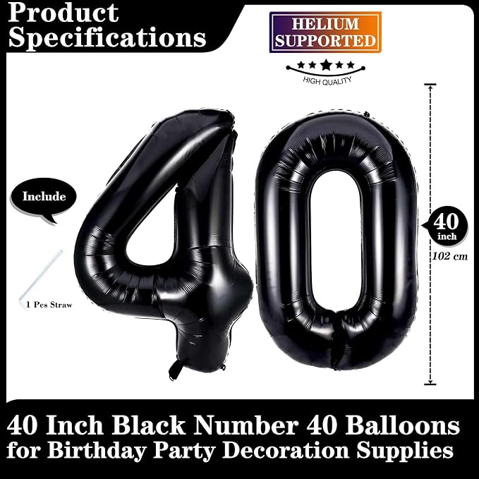 Black 40 Number Balloons, 40 Inch Giant Number 40 Balloons Foil Mylar Helium - Image 2