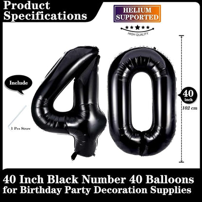 Black 40 Number Balloons, 40 Inch Giant Number 40 Balloons Foil Mylar Helium - Image 2