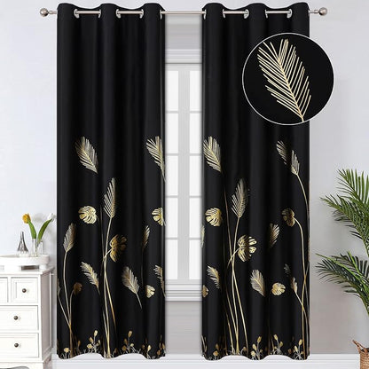 Palm Tree Leaf and Wheat Blackout Curtains Thermal Insulated Gold Print Light by ESTELARTEXTILER