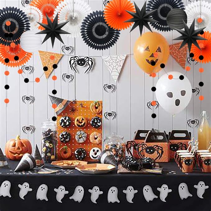 Orange White Black Halloween Decorations, Hanging Tissue Paper Fans Circle - Image 5