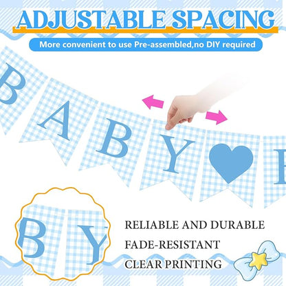 Hahafelt 1 Pcs Blue Gingham Baby Boy Banner - Image 2