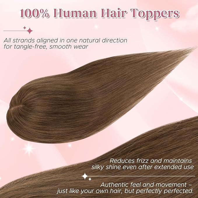 Real Human Hair Toppers for Women 3.54"*4.72" Silky Base 150% Density No Bangs Adjustable Parting Clip-In Topper Hairpieces for Women with Thinning Hair 14 Inches Medium Brown