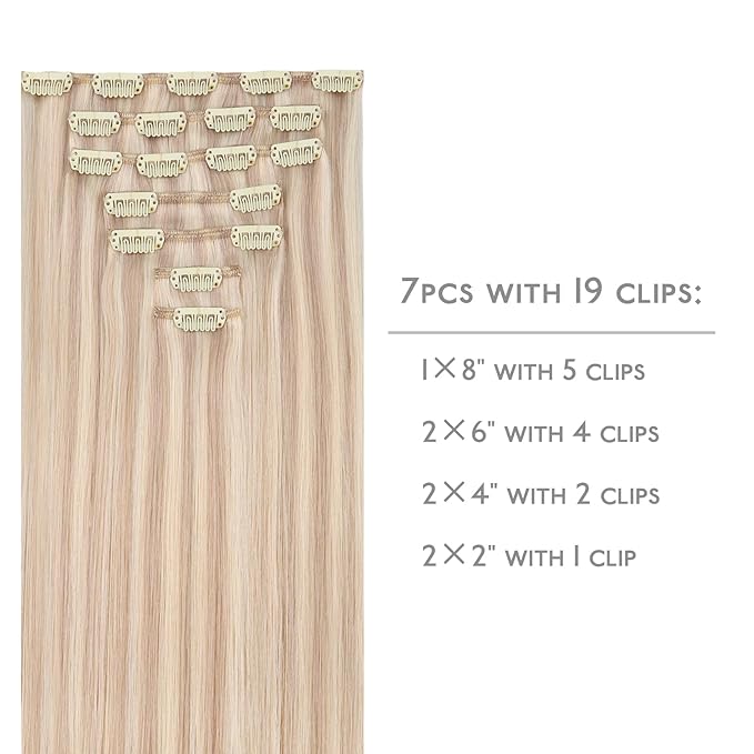 WENNALIFE Clip in Hair Extensions Real Human Hair, 14 Inch 120g 7pcs Balayage Light Wheat Platinum Blonde Remy Hair Natural Double Weft