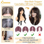 QUEENTAS 22" Curly Hair Topper for Women with Thinning Hair Daily Wear 360°3D Cover Up 6.5"*6" Fluffy Brown Wavy Hair Pieces with Bangs(Dark Brown)