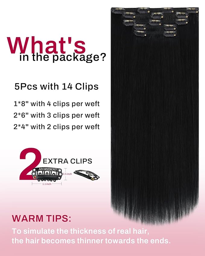 Moresoo Short Clip in Hair Extensions Black Hair Extensions Clip in Real Human Hair Jet Black Double Weft for Women Straight Remy Human Hair 80g/5pcs 12 inch