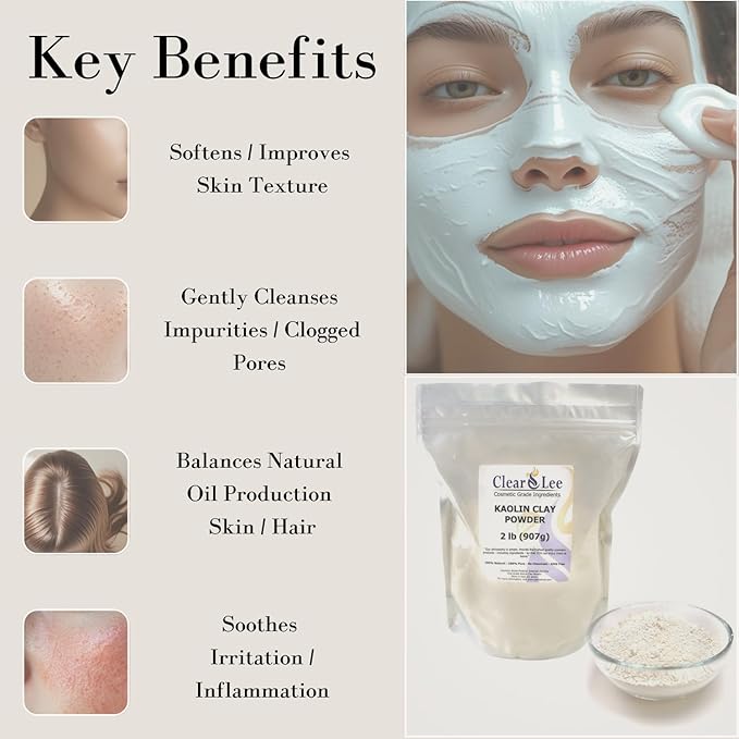 ClearLee Kaolin Clay Cosmetic Grade Powder - 100% Pure Natural Powder - Great For Skin Detox, Rejuvenation, and More - Heal Damaged Skin - DIY Clay Face Mask (8 oz)