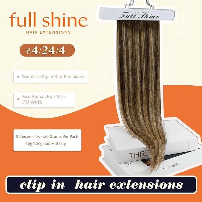 Full Shine Clip in Human Hair Extension Brown to Honey Blonde Mix Brown Seamless Hair Extensions Straight Remy Hair With PU Weft 8 Pcs 120 Grams 22 Inch