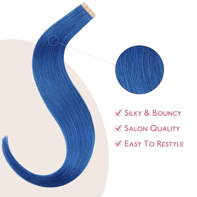 Wennalife Blue Tape In Hair Extensions, 10pcs 20g 12 inch Remy Invisible Tape Ins Straight Colored Soft Real Human Hair Tape In Extensions Refill Set Extensions