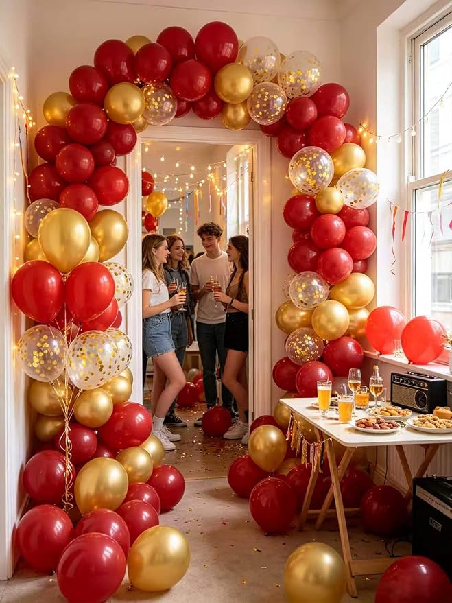 Red and Gold Balloons 60 Pcs 12 Inch Red Burgundy Latex Metallic Gold Confetti - Image 8