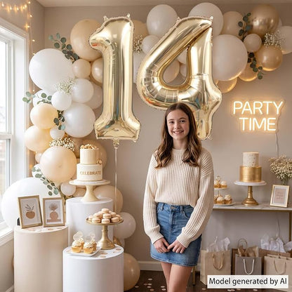 White Gold Number 14 Balloon 40 Inch, Champagne Foil Fourteenth Decoration | - Image 2