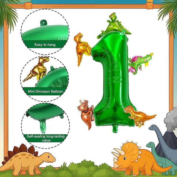 LilyZheng Large Dinosaur Balloon Number 1, 40 Inch Dark Green Foil Balloon and - Image 3