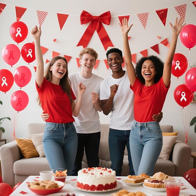 100 Pcs Red Ribbon Awareness Balloons 12 Inch Latex Red White Printed Balloon - Image 5
