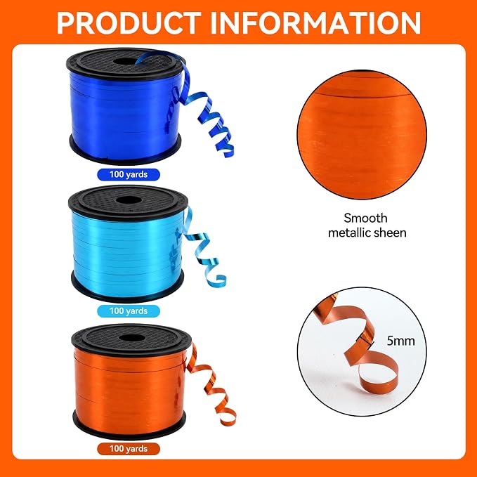 TONIFUL Blue Light Blue Orange Curling Ribbon Balloon String Gift Wrapping | - Image 2
