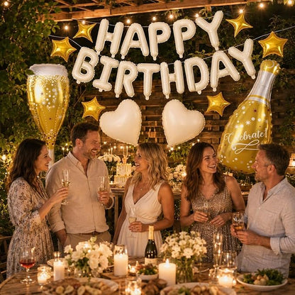 Cream Happy Birthday Balloons Banner, Champagne Bottle Glass Foil Balloon - Image 4