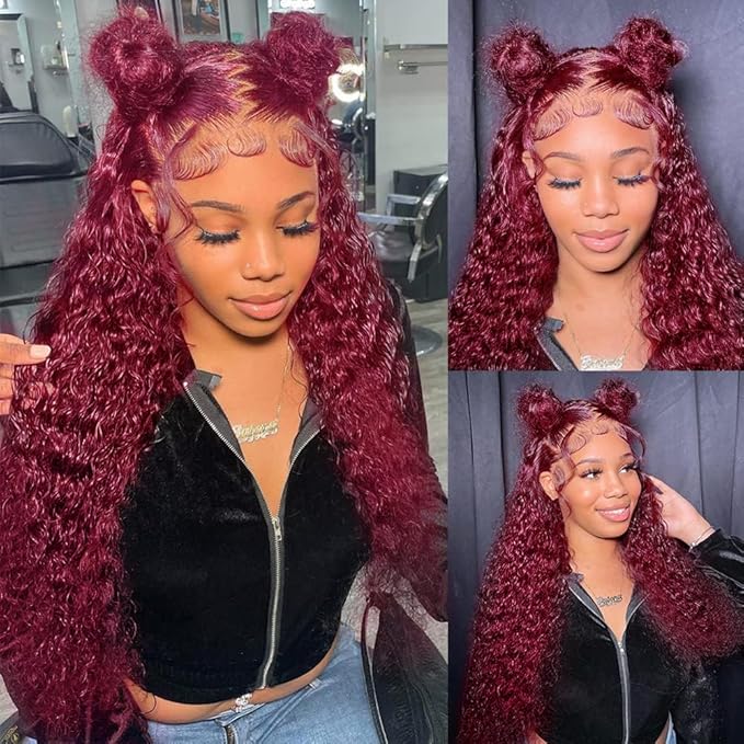 250 Density Burgundy Wig Human Hair Hidden Strap 360 Lace Front Wigs Human Hair Deep Wave Invisible Strap Pre Plucked Bleached Knots Glueless Drawstring Curly Human Hair Wig for Women (22inch)