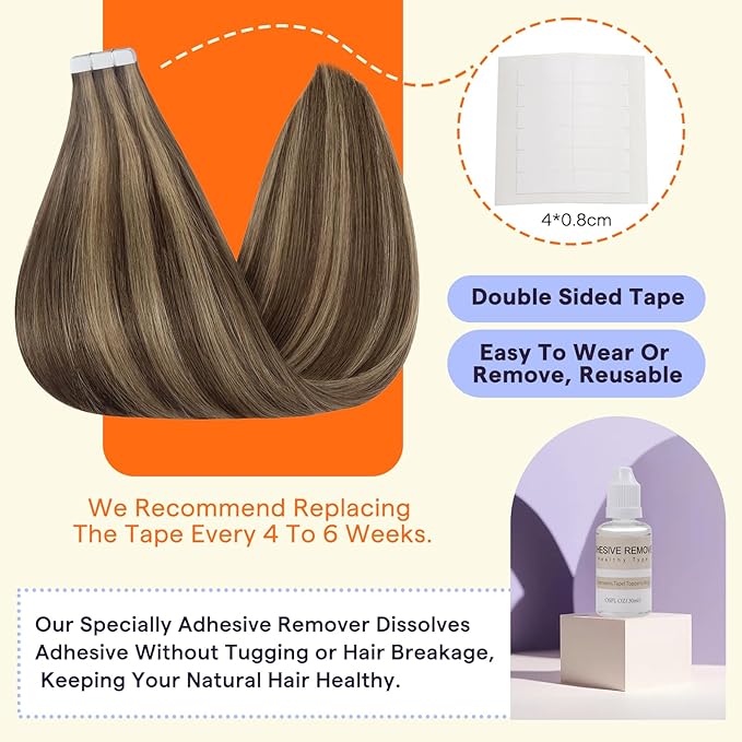 Full Shine Hair Extensions Tape Ins Human Hair 18 Inch 50 Gram Color 4 Medium Brown Highlight with 27 Honey Blonde Tape in Remy Natural Extensions 20 Pcs Add Volume Human Hair Tape in Extensions