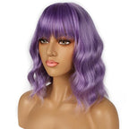 Short Bob Wigs with Bangs for Women Loose Wavy Wig Curly Wavy Shoulder Length Bob Synthetic Cosplay Wig for Girl Colorful Costume Wigs (Violet)