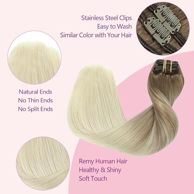 PINKPEARL Human Hair Clip in Hair Extensions 14inch #8T60 Ash Brown to Platinum Blonde Balayage Clip in Hair Extensions Real Human Hair 7pcs 120g Natural Remy Human Hair(#8T60-14)