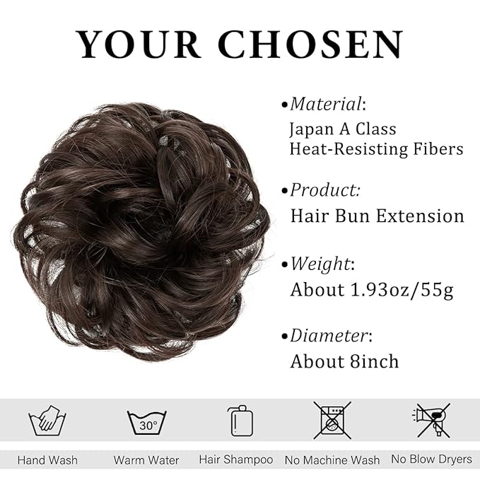 CJL HAIR Large Messy Bun Hair Piece Wavy Curly Scrunchies Synthetic Chignon Ponytail Hair Extensions Thick Updo Hairpieces for Women Dark Brown