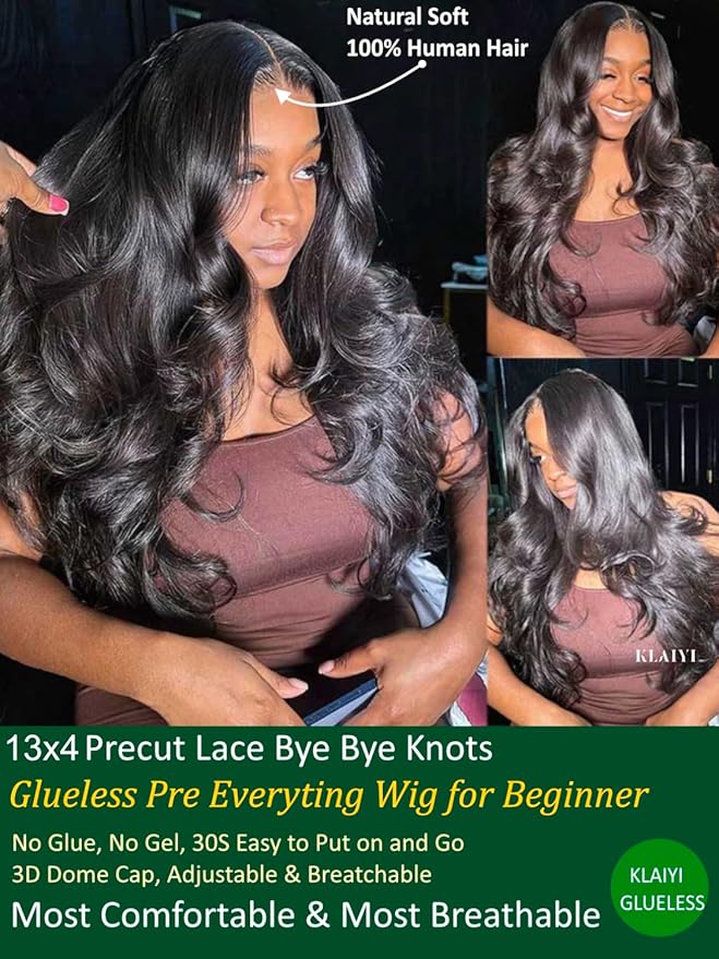 KLAIYI Wear And Go Glueless Wig Bye Bye Knots 13x4Precut Lace Front Wigs Human Hair Loose Body Wave Wig Pre Bleached Pre Everything Pre Plucked with Baby Hair 3S Ready to Wear Beginner Friendly 22Inch