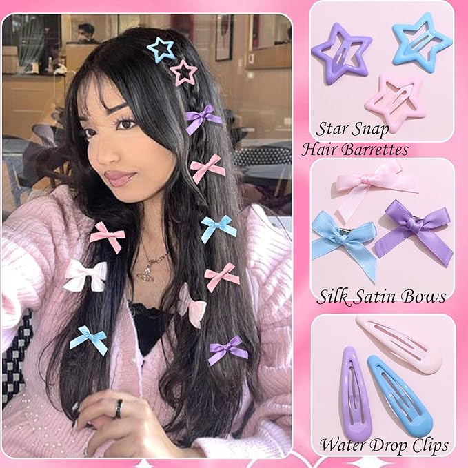 36Pcs Pink Mini Bow Hair Clips 3 Color Star Snap Hair Barrettes for Women Blue Water Drop No Slip Hair Clips Purple Small Hair Bows Star Bowknot Hair Accessories for Teens Girls