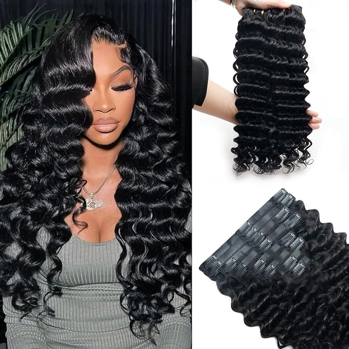 Deep Wave Clip in Hair Extensions Real Human Hair 2 Pack 240g Seamless Clip in Hair Extensions for Women Full Max with 16Pcs PU Thin Weft 16inch Natural Black