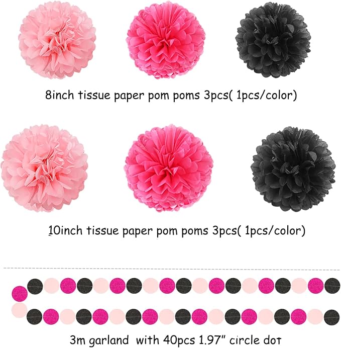 Hot-Pink Black Party-Decorations Paper Flower Streamers - Image 3