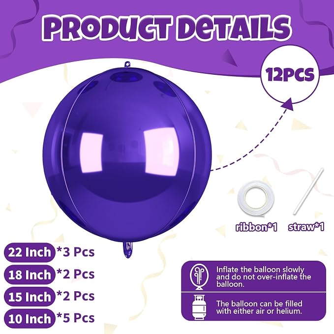 12Pcs Purple Round Balloons Foil, Large Metallic Purple Balloons - Image 2
