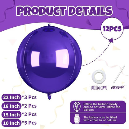 12Pcs Purple Round Balloons Foil, Large Metallic Purple Balloons - Image 2