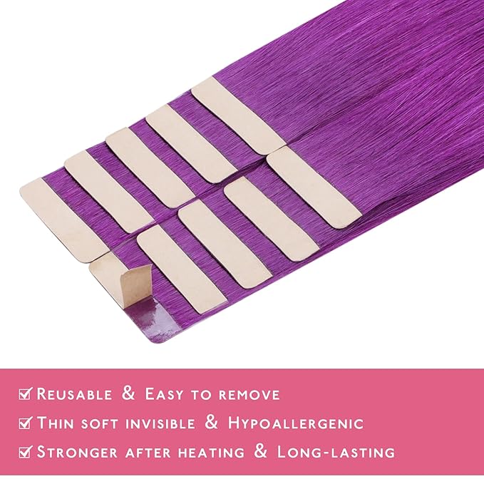 Wennalife Purple Tape in Hair Extensions, 10pcs 30g 26 inch Remy Invisible Tape Ins Straight Colored Soft Real Human Hair Tape in Extensions Refill Set Extensions