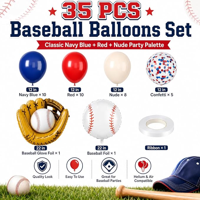 Baseball Balloons, 12 Inch Navy Blue Red Balloons, Nude Red Blue Confetti Latex - Image 2