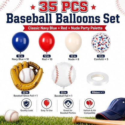 Baseball Balloons, 12 Inch Navy Blue Red Balloons, Nude Red Blue Confetti Latex - Image 2