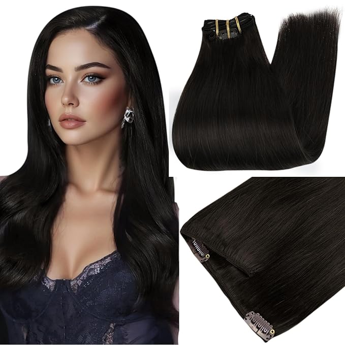Full Shine Clip in Hair Extensions Human Hair Black 24 Inch Clip in Extensions Real Human Hair for Volume Full Head Triple Weft 7 Pcs 150 G