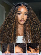 YIROO EasiContour V Part Ombre Brown Human Hair Wig Curly 12A Glueless Upgrade U Part Wig Ombre Black to Chestnut Brown No Leave Out V Shape Clip Wigs Ready to Go 150% Density Beginner Friendly 14Inch