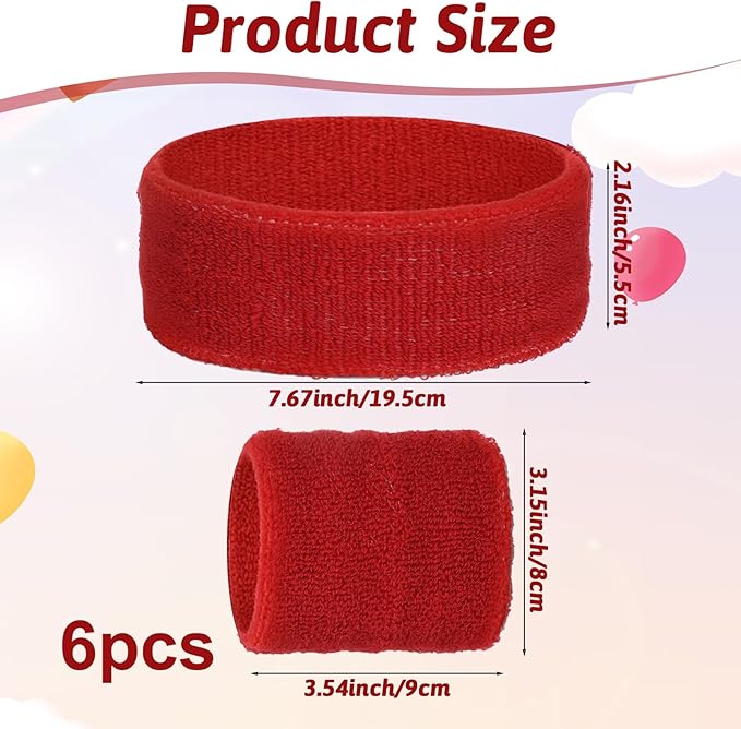 6PCS Sweatband Set, Headband and Wristband Set of 2PCS Sports Headband and 4PCS Wristband Breathable Sports Band for Women Basketball Soccer Yoga Badminton Tennis(Red)