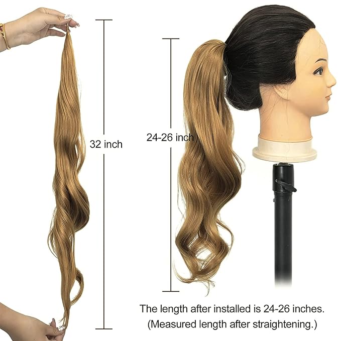 Chicmoi Chocolate Brown Ponytail Extainson with Blonde Highlight 32 Inch Flexible Wrap Around Ponytail Hair Extension Long Wavy Pony Tails hair Extension Synthetic Hairpieces For Women and Girls