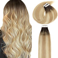 Lacer Remy Human Hair Extensions Tape Ins 20 Inch Tape in Real Human Hair Extensions Pu Skin Weft Color Caramel Blonde Mixed Bleach Blonde with Darkest Brown Roots 50 Gram R#2-27/613