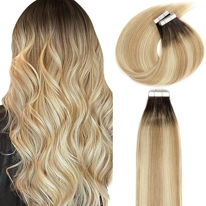 LacerHair Tape in Natural Hair Extensions Human Hair 14 Inch Tape in Human Hair Extensions Color Caramel blonde Mixed Bleach blonde with Darkest Brown Roots 50 Gram Remy Human Hair Tape Ins R#2-27/613