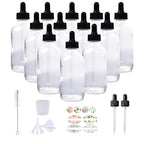 12 Pack 4oz Clear Glass Bottles with Glass Eye Droppers for Essential Oils, Perfumes & Lab Chemicals (1 Brush, 2 Funnels, 2 Extra Droppers, 24 Pieces Labels & 30ml Measuring Cup Included)