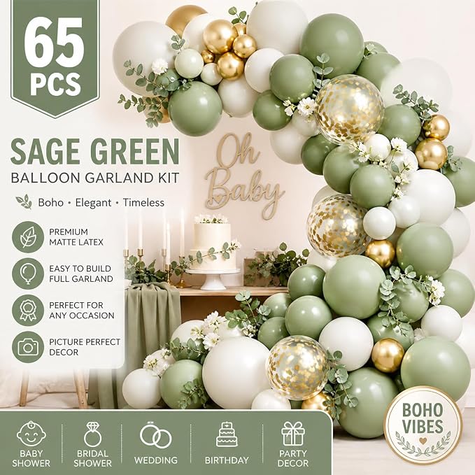 Sage Green Balloons Garland Kit 65 Pack – Boho Eucalyptus Green, Bridal Shower - Image 3