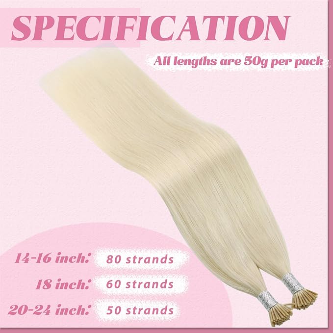 YoungSee I Tip Hair Extensions Human Hair Blonde I Tip Extensions Platinum Blonde 16 Inch Itip Hair Extension Real Human Hair 80s 50g Itip Hair Extension Soft for Engagement