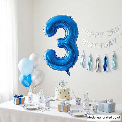Navy Blue Number 3 Balloon 40 Inch, Metallic Foil Numeral Celebration Decor | - Image 7