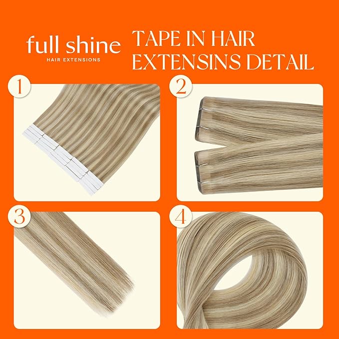 Full Shine Injection Tape in Hair Extensions Human Hair 14 Inch Color 16 Golden Blonde Highlight 22 Medium Blonde 40 Grams Seamless Invisible Brazilian Tape in Hair Extensions for Wedding 20 Pcs