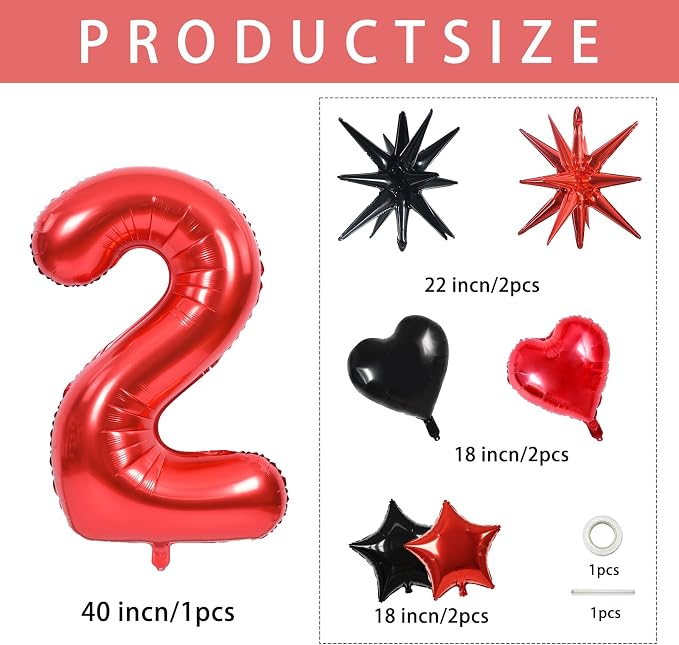 TONIFUL 2nd Birthday Balloons Kit 40 Inch Red Large Number 2 Foil Balloon | - Image 2