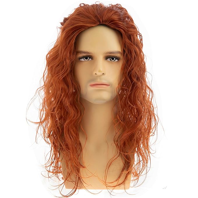 Baruisi Long Curly Wavy Orange Wigs for Men Synthetic Natural Party Halloween Cosplay Hair Wig