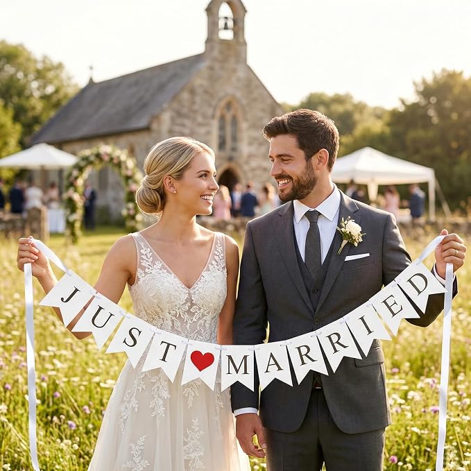 Vintage Just Married Banner Wedding Bunting Photo Booth Props Signs Garland by BetterLifeforyou