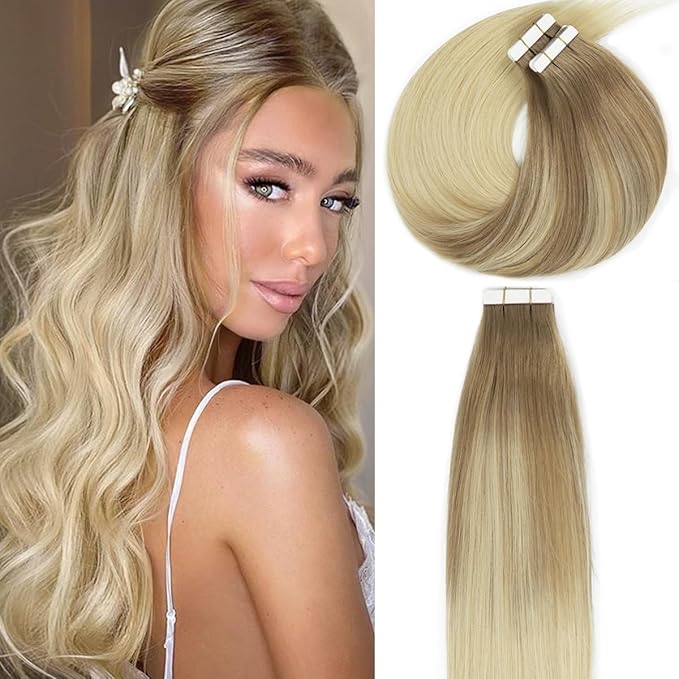 Lacer Hair Extensions Real Human Hair Tape in Balayage Light Brown to Platinum Blonde Real Virgin Tape in Hair Extensions Human Hair PU Skin Weft Double Side 50g 20pcs/set 20 Inches